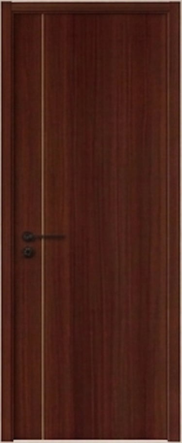 Modern dark walnut interior wood door with a vertical aluminum inlay and black handle.