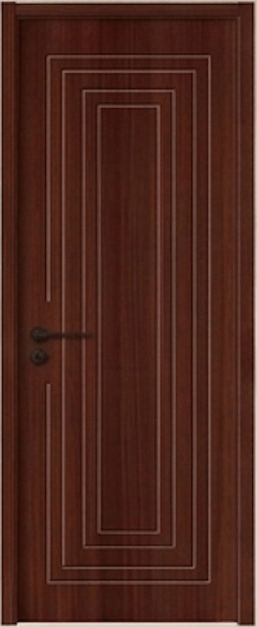 Modern dark walnut interior door with a rectangular carved inlay design and black lever handle.