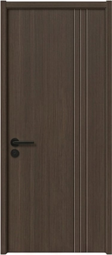 Modern dark walnut wood interior door with vertical decorative grooves and a black handle.