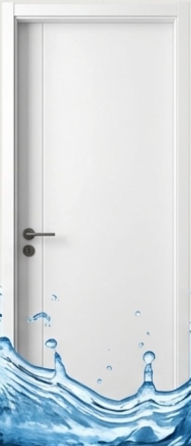 Modern white waterproof interior door with sleek handle and a water splash effect.
