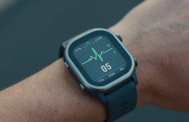 A close-up of a high-tech heart rate monitor on a wrist during a workout, symbolizing the clean and modern, data-driven approach. Colors: Steel Blue and Dark Slate.