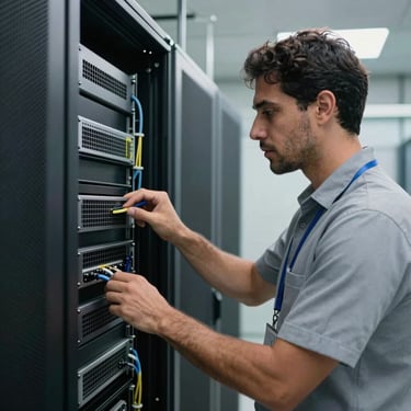 A professional technician in corporate attire inspecting a network server rack in a clean South American / Brazilian data center environment.