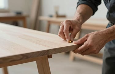 Detail of a master carpenter finishing a table edge. The focus is on the smooth surface and the precision of the work in a clean, modern workshop environment.