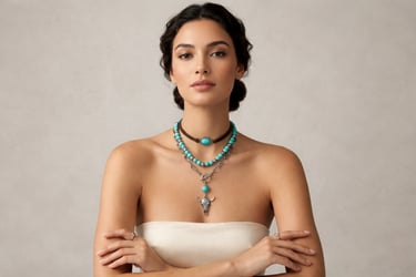 Woman wearing layered turquoise beaded necklaces and a silver steer skull pendant jewelry set.