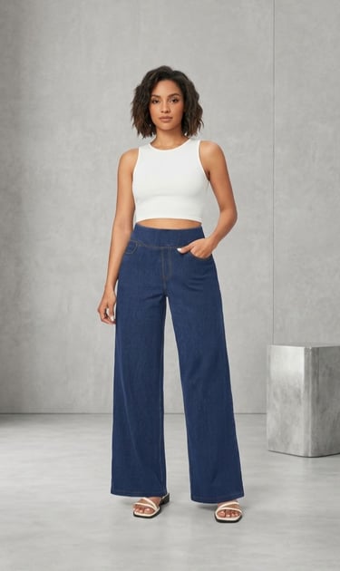 dark straight leg jeans on model — a core minimalist wardrobe piece
