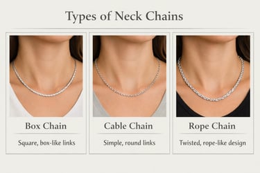 Comparison of silver neck chains including box chain, cable chain, and rope chain styles.