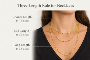 A jewelry guide showing gold necklace length options: 14-16 inch choker, 18-20 inch mid-length, and 24-28 inch long length.