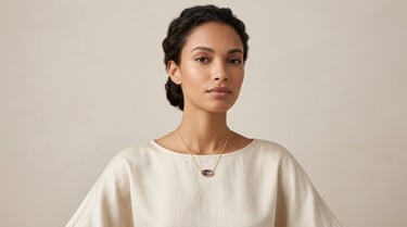 Elegant woman wearing a gold necklace with an oval amethyst pendant over a cream blouse.