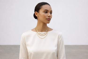 Elegant model wearing a layered gold necklace set with a white silk blouse against a neutral background.