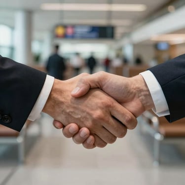 Detail shot of two hands in a firm handshake, blurred international airport lounge background, North American / International attire, conveying trust.
