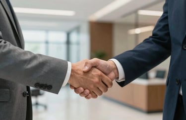 A professional handshake between two individuals in a bright North American / US office lobby, symbolizing trust and efficient partnership.