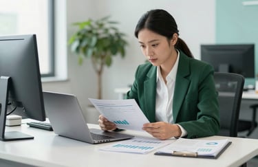 A focused professional in a modern North American office setting, reviewing financial records on a laptop. The scene is bright and clean, featuring dark forest green and soft aqua green office accessories against a white desk, conveying precision and reliability.