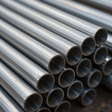 Close-up of high-grade steel round bars arranged neatly, showing reflective metallic surfaces and precise edges, industrial studio lighting.