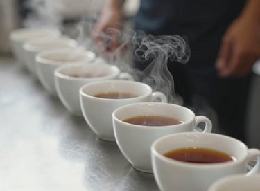 Professional cupping session: a line of white ceramic cups with deep amber coffee, steam rising, soft industrial lighting.