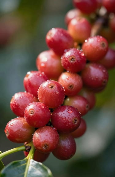 Macro shot of vibrant red coffee cherries ripening on a branch, morning dew visible, shallow depth of field, warm lighting.