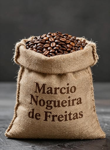 A burlap sack with the brand name 'Marcio Nogueira de Freitas' stamped in dark ink, filled with high-quality roasted beans.