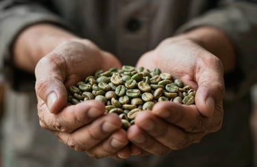 Close-up of weathered hands cupping a handful of green coffee beans, symbolizing expertise and care.
