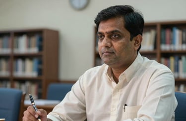 A professional portrait of an educator in a formal setting in a South Asian / Bangladeshi institution, holding a fountain pen. The background is a soft-focus library with blue and off-white tones.