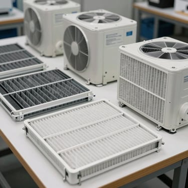 Clean, new air filters and high-tech HVAC components laid out on a professional workspace, bright lighting, North American / US (Miami).