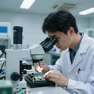 A professional engineer in a North American / US workshop inspecting a circuit board with a microscope, soft Industrial Blue lighting, high-tech vibe.