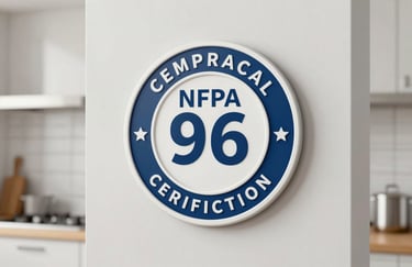 A focused shot of a professional NFPA 96 certification seal on a kitchen wall, sharp focus, clean environment, conveying trust and reliability.