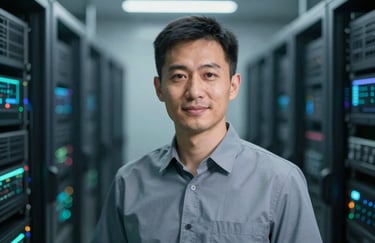 A professional studio portrait of a tech specialist wearing a simple, modern uniform, set against a blurred background of a data center. Lighting is cool-toned with subtle #A1C6D0 highlights, symbolizing expertise.