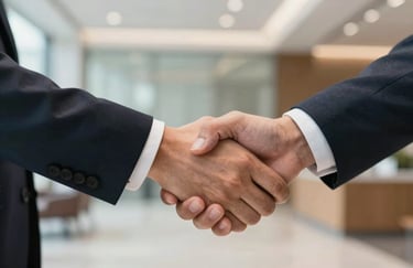 A close-up photography of a warm, professional handshake between two people in a bright, modern US-style business lobby.