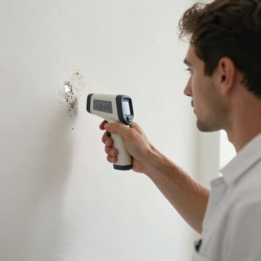A restoration specialist wearing professional gear, carefully inspecting a wall for water damage using an infrared camera in a Miami setting.