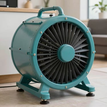 Close-up of industrial drying equipment, specifically a teal-colored air mover, positioned on a clean floor in a South Florida / US residence.