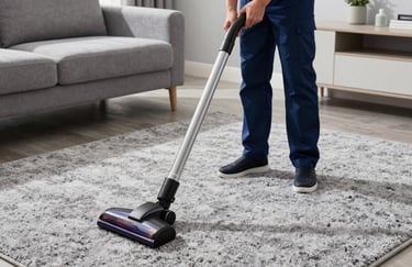 A professional cleaner using a high-end vacuum on a plush grey carpet in a modern North American living room.