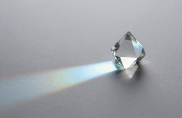 A crystal prism catching a beam of light on a clean surface, splitting it into a clear spectrum. The style is professional and minimalist, with pale mist lighting.
