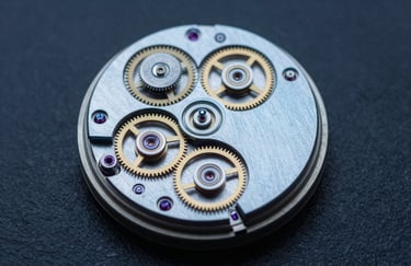 A close-up shot of a high-precision mechanical watch movement, showing the intricate gears. The metal has a steel blue sheen against a dark slate navy background.