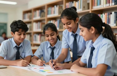 A candid shot of smiling middle-school students in South Asian school uniforms collaborating on a creative project in a bright, well-stocked library.