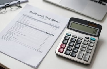 A top-down view of a tidy workstation with a digital calculator and business documents, in a bright office environment reflecting sophisticated accounting standards.