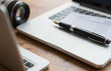 A focused close-up of a professional desk with a laptop, a notebook, and a clean fountain pen, highlighting precision and attention to detail in financial accounting.