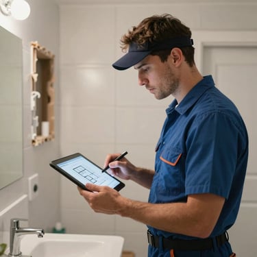 A professional North American contractor in clean work attire reviewing a digital floor plan on a tablet while standing in a partially remodeled bathroom.