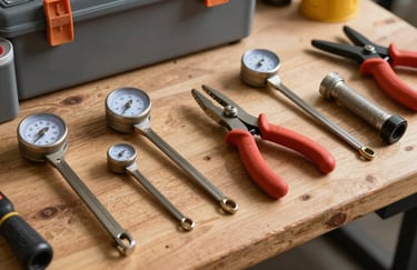 A toolbox with high-end plumbing equipment and measuring tools on a wooden surface in a Chilean workshop, clean and organized.