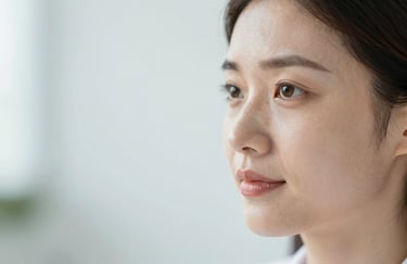 A close-up shot of a therapist's compassionate gaze, highlighting trust and professional empathy in soft high-key lighting.