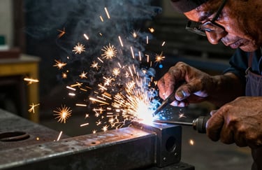 Close-up of a master craftsman welding a steel joint, brilliant sparks flying against a charcoal black background, North American / Mexican workshop atmosphere.