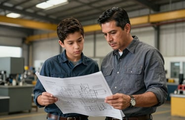 A father and son in professional industrial attire reviewing technical blueprints in a modern steel workshop, North American / Mexican heritage setting.