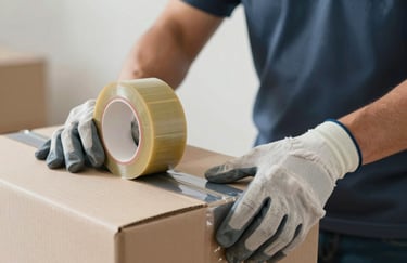 A close-up of a mover's hands wearing professional grip gloves, securing a box with high-quality tape. Clean, technical, and focused composition with #6B7B8E tones.