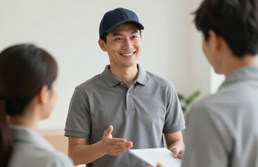 A friendly mover in a #2C3E50 polo shirt communicating with a client. The interaction looks positive, professional, and trustworthy.