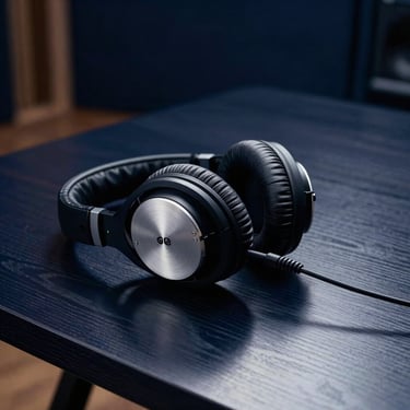 Professional studio headphones resting on a dark, polished mahogany table in a recording studio. Deep navy blue shadows and soft white light. Global / International.
