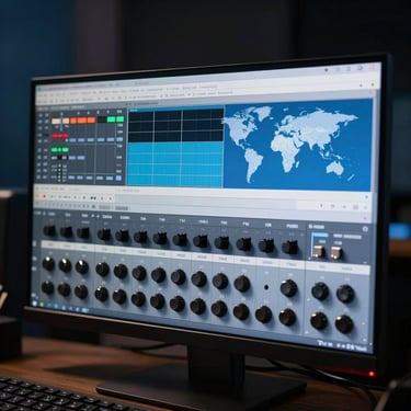 A digital audio workstation interface visible on a high-resolution monitor in a darkened studio environment. Sky blue and white highlights. Global / International.