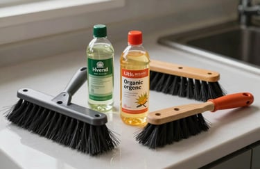 A detailed photograph of professional chimney cleaning brushes and organic cleaning solutions on a clean countertop.