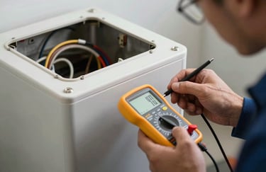 A professional technician inspecting the internal wiring of a modern chimney unit with a multimeter.