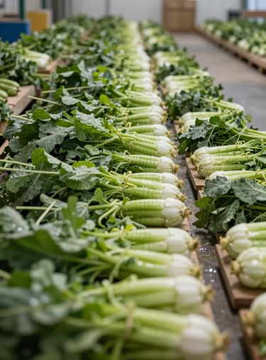 Rows of neatly organized agricultural produce in a modern warehouse, reflecting a professional atmosphere.
