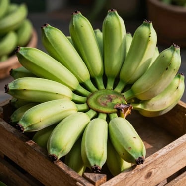 A vibrant close-up of fresh green bananas on a wooden crate, bathed in bright natural South Asian sunlight.