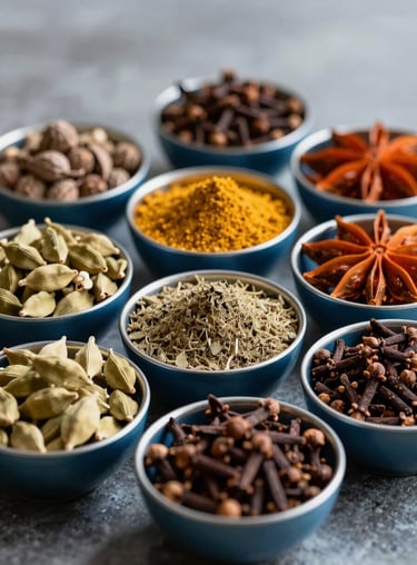 An assortment of aromatic Indian spices like cardamom and cloves in steel blue bowls on a textured surface.