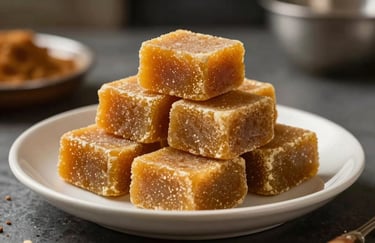 Golden jaggery blocks stacked neatly on an off-white ceramic plate in a South Asian kitchen setting.